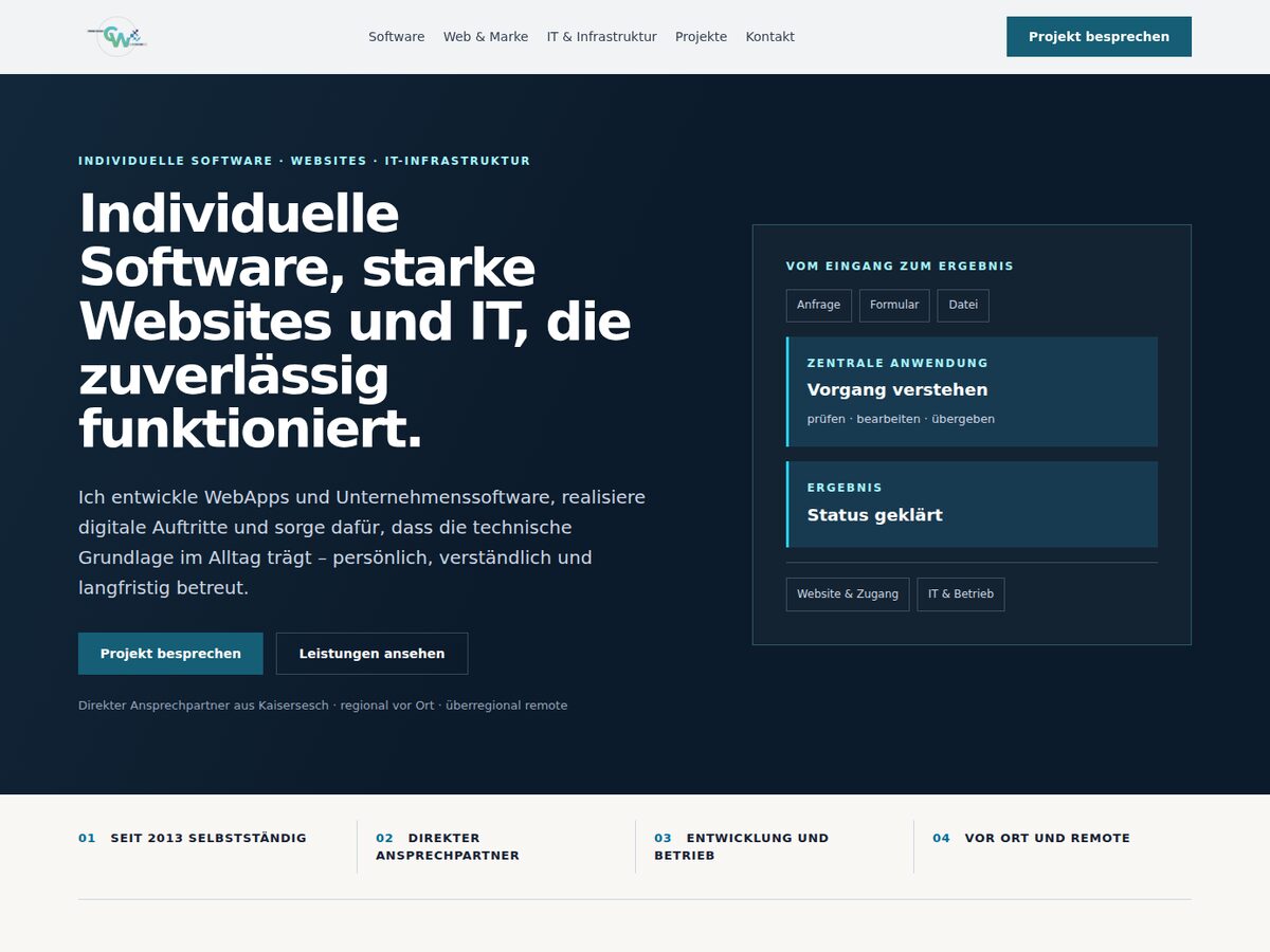 Startseite des laufenden cw-media-Relaunchs mit klar gegliedertem Leistungsüberblick